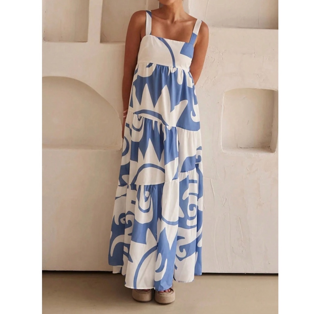 Blue on White Printed Maxi Dress Square Neck Sleeveless